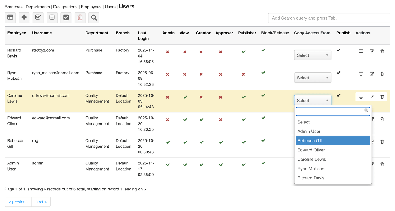 Copy an access profile, then verify the new user’s document and table access.
