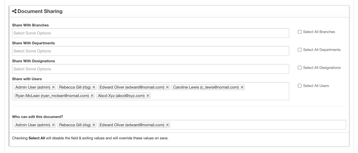Document access can be limited by organisation group or individual user.