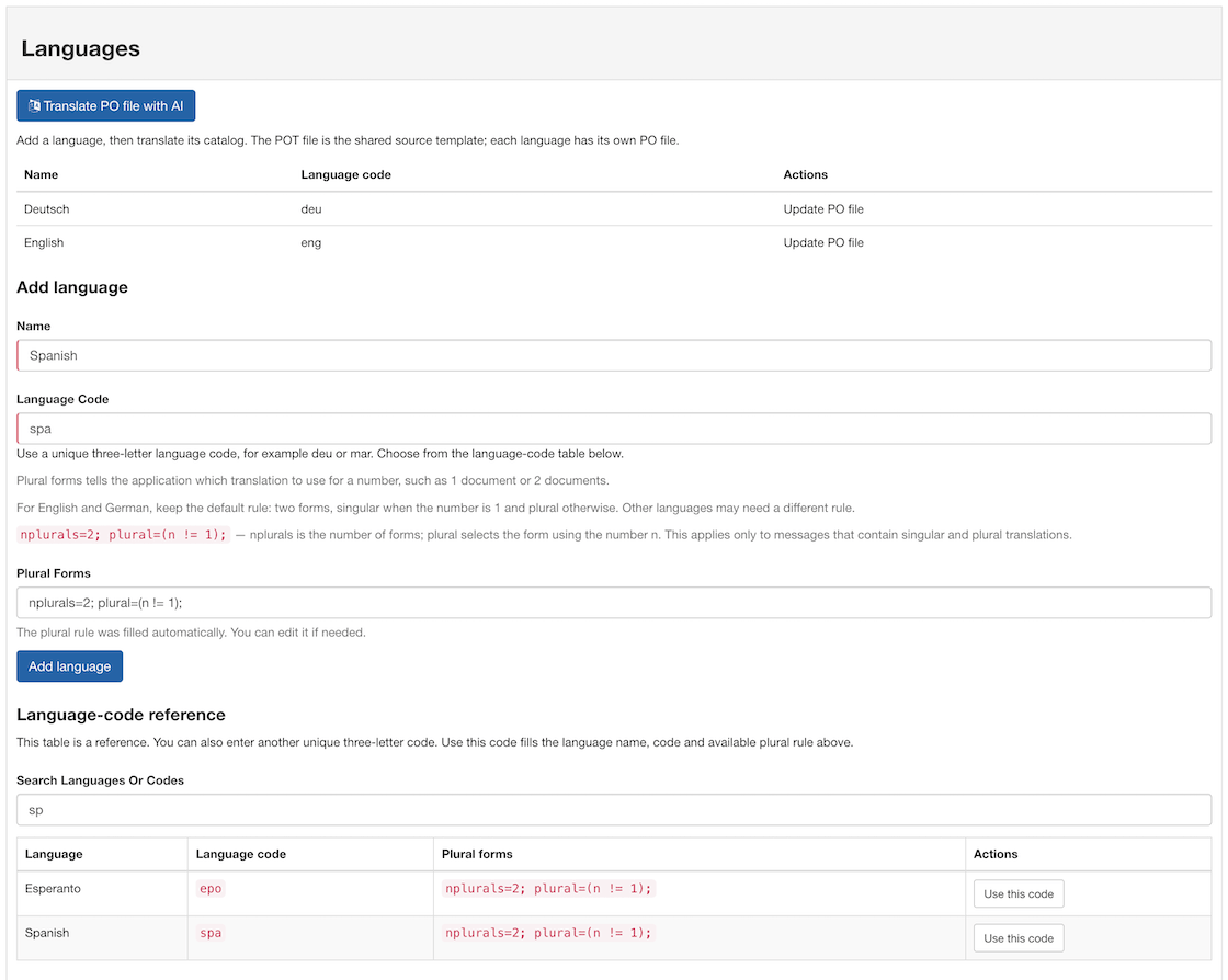 FlinkISO Languages page with Spanish selected, code spa and its plural rule filled automatically, plus the searchable language-code reference table.