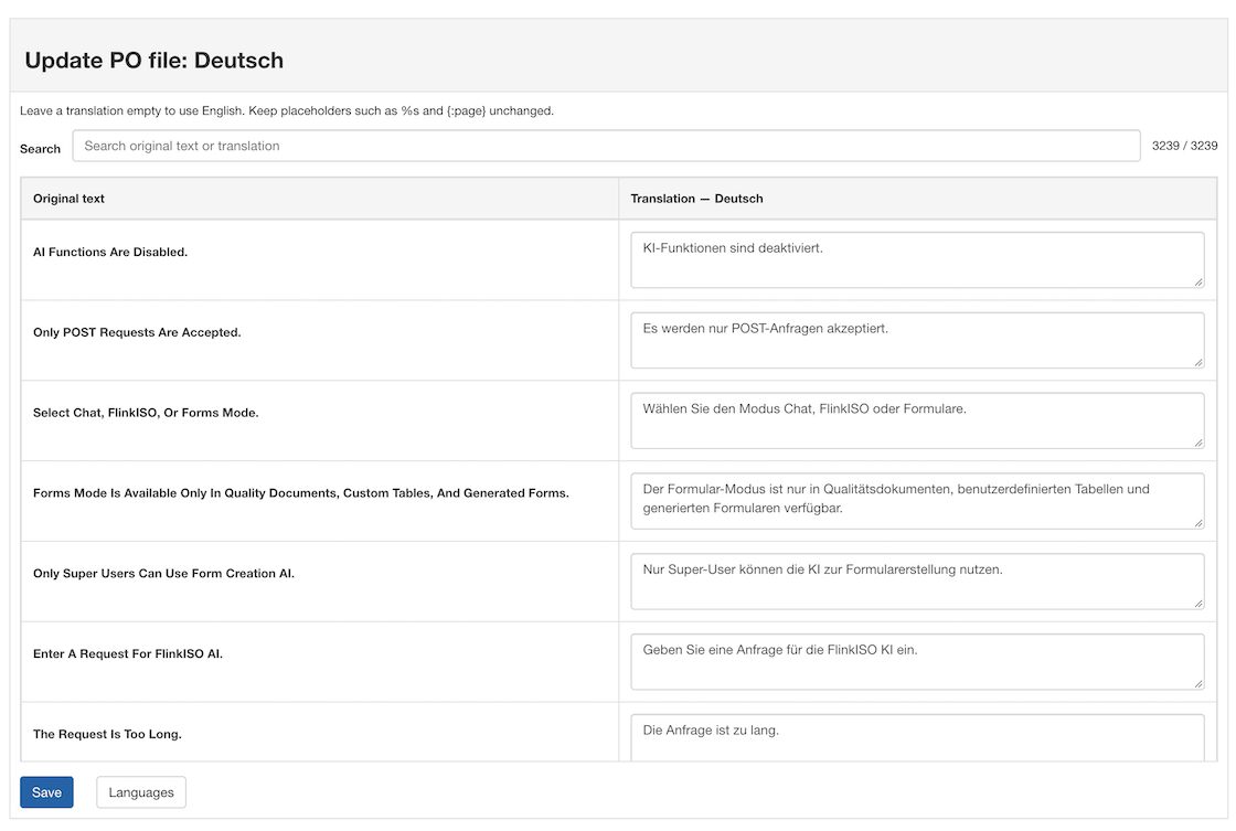 FlinkISO manual translation editor showing original messages alongside editable translations.