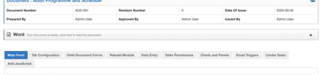 Current module configuration with Tab Configuration, Child Document Forms, Rebuild Module and operational settings.