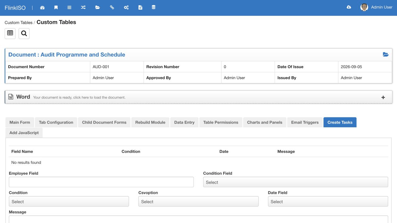 Audit task configuration Current Create Tasks panel for the Audit Programme and Schedule module