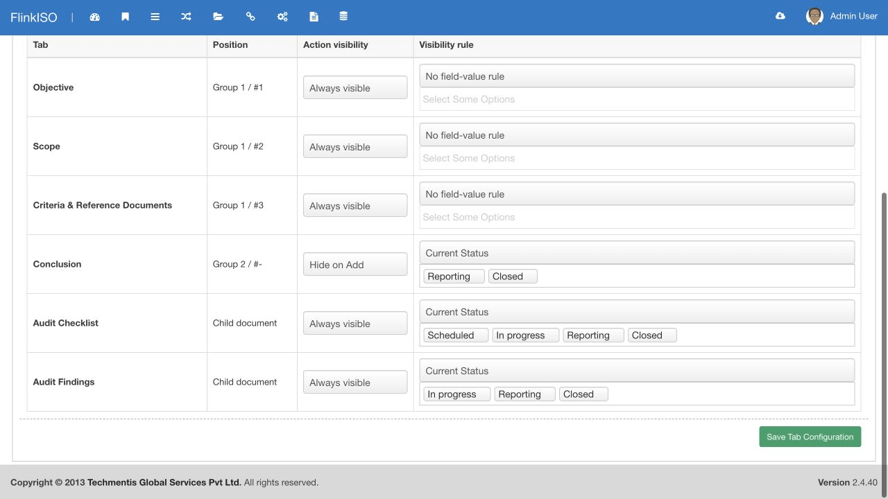 Audit module Tab Configuration Current Audit module Tab Configuration showing conditional visibility for Conclusion, Audit Checklist and Audit Findings