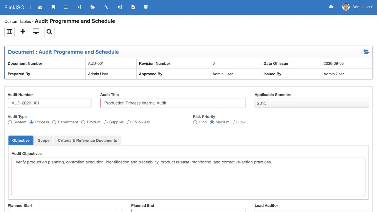 Current Audit Programme and Schedule form Current FlinkISO Audit Programme and Schedule form with objective, standard, audit type and risk priority