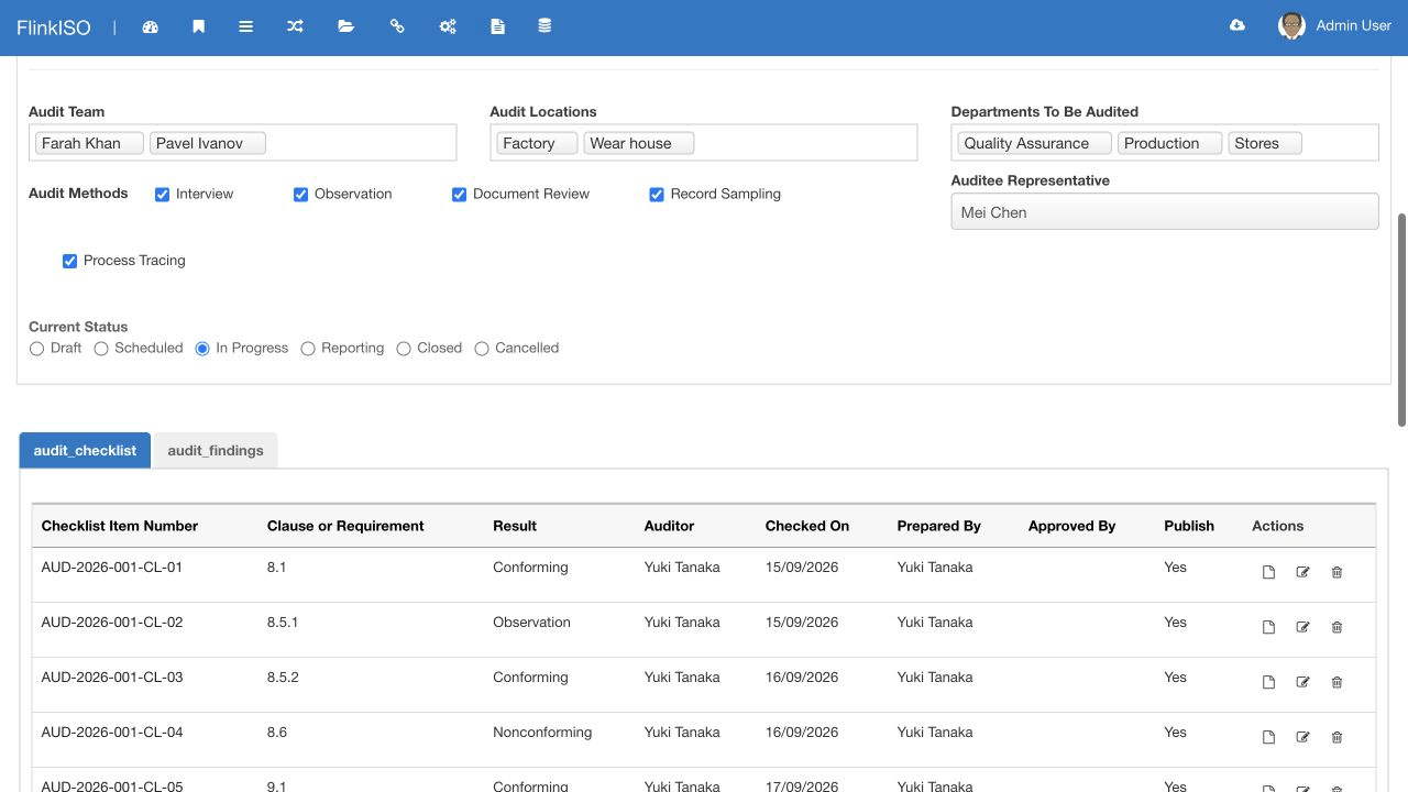 Status-controlled audit child documents Audit record at In Progress status showing linked Audit Checklist and Audit Findings child documents