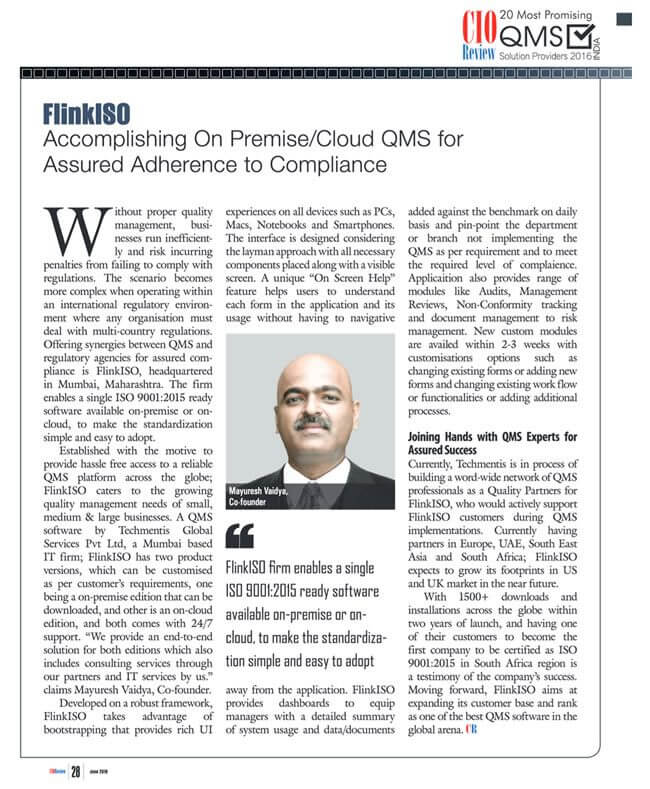 CIOReview India nennt FlinkISO unter den vielversprechenden QMS-Lösungen